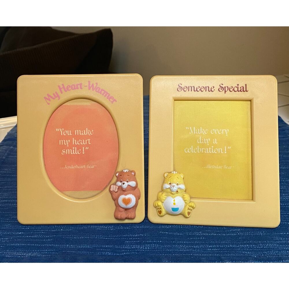 Pair Vtg 1983 Care Bears Tenderheart & Birthday Bear Picture Frame Plastic 5x6